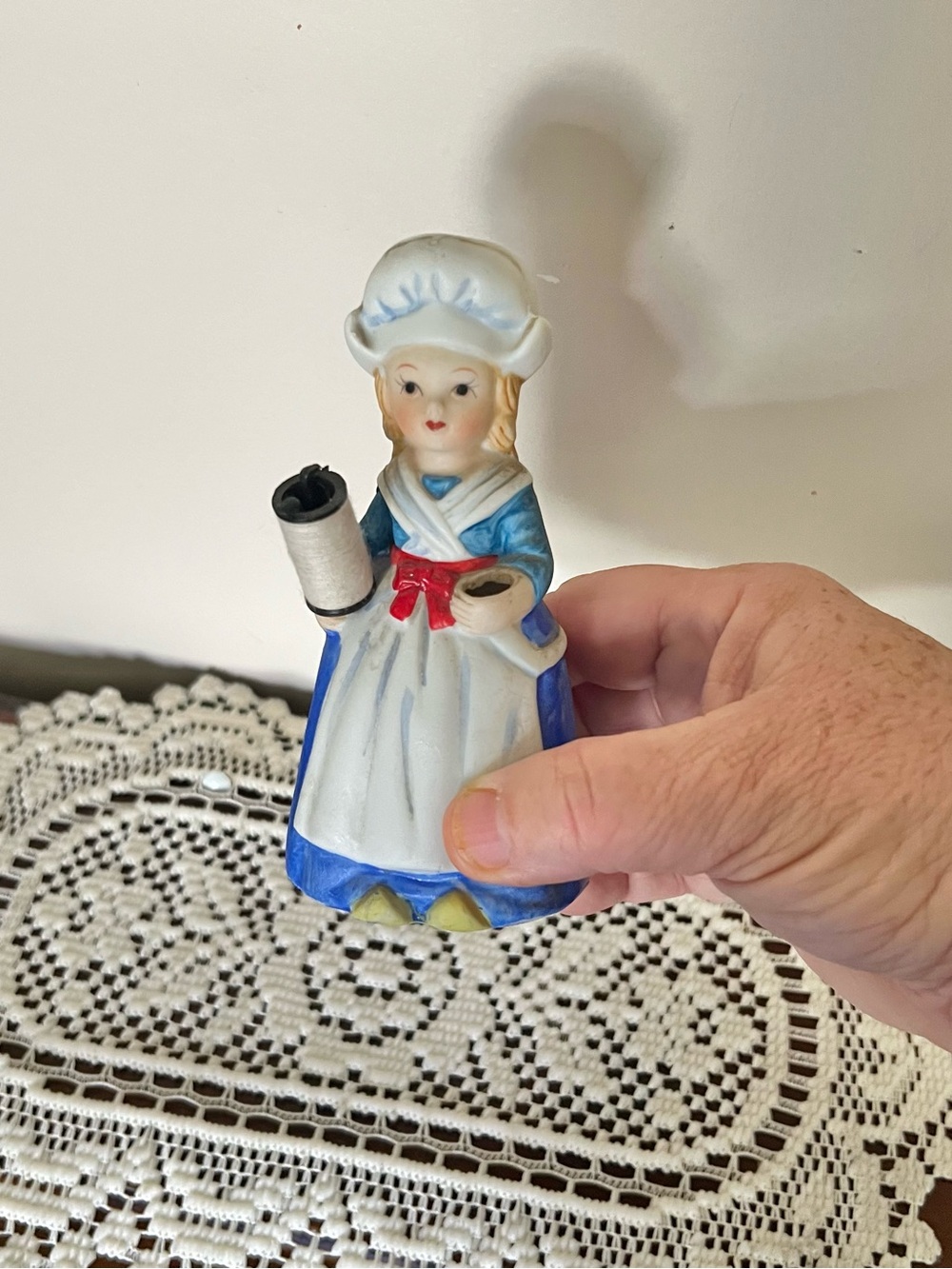 Vintage Porcelain Sewing Girl Figurine Thread Holder 5" Taiwan